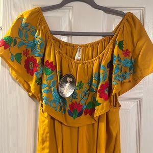 SHORELINE Yellow/Gold/Mustard Embroidered Mexican Boho Off-The-shoulder Dress